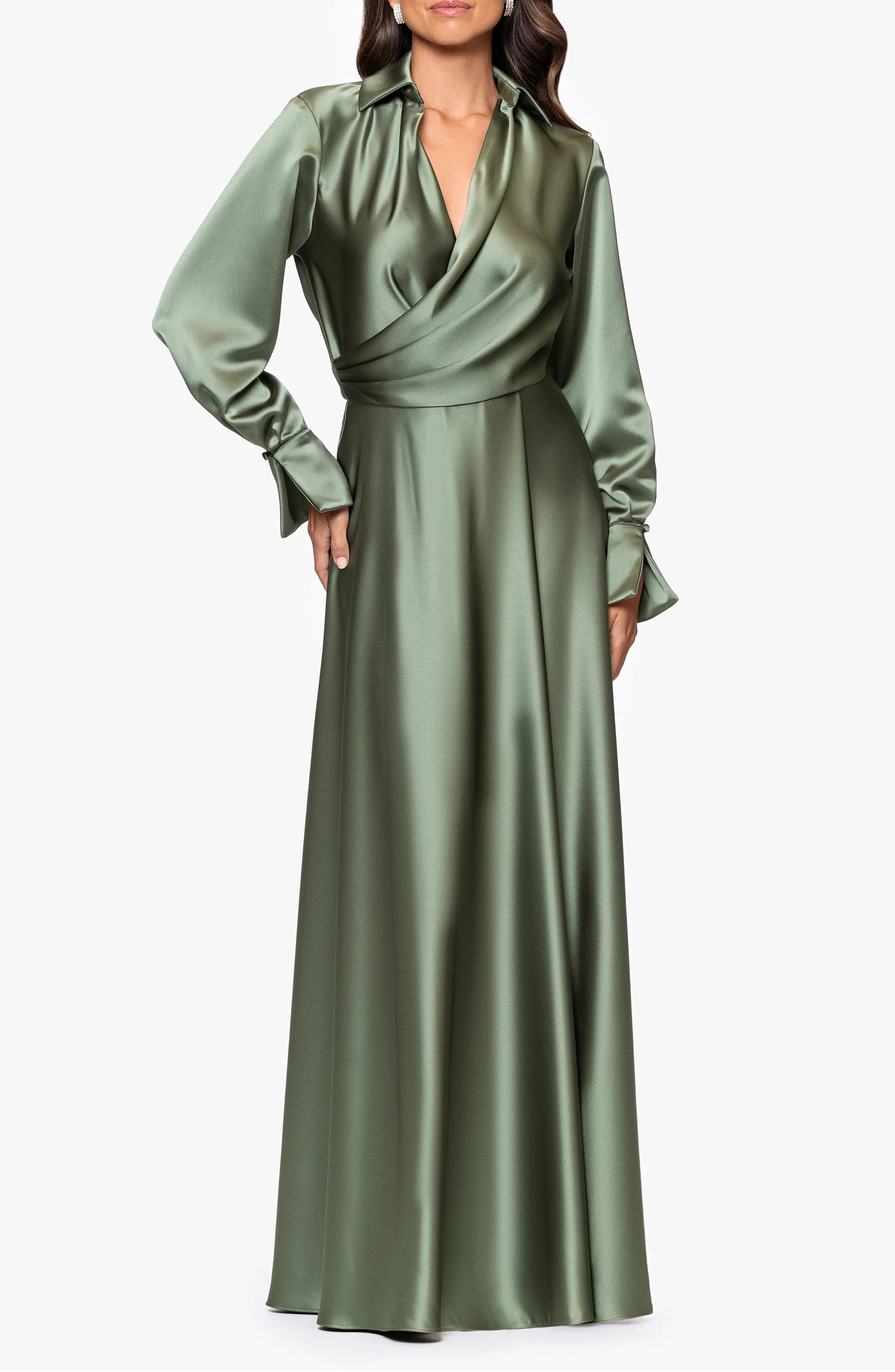 Xscape Evenings Spread Collar Long Sleeve Satin Gown (Women) | Nordstrom | Nordstrom