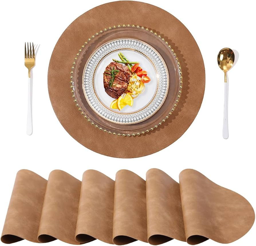 UnivoColors PU Leather Placemats Set of 6,15 Inches Round Washed Cowhide Pattern Table Mats for D... | Amazon (US)
