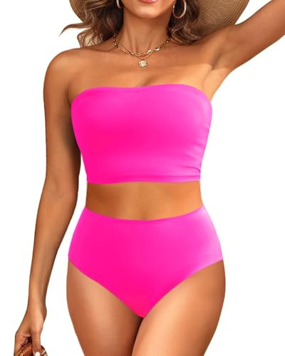 Tempt Me Women Hot Pink Bandeau Bikini Set Strapless High Waisted Two Piece Swimsuit Longline Bathing Suits S | Amazon (US)