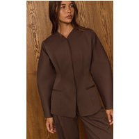 Dark Brown Premium Woven Tailored Collarless Blazer | PrettyLittleThing US