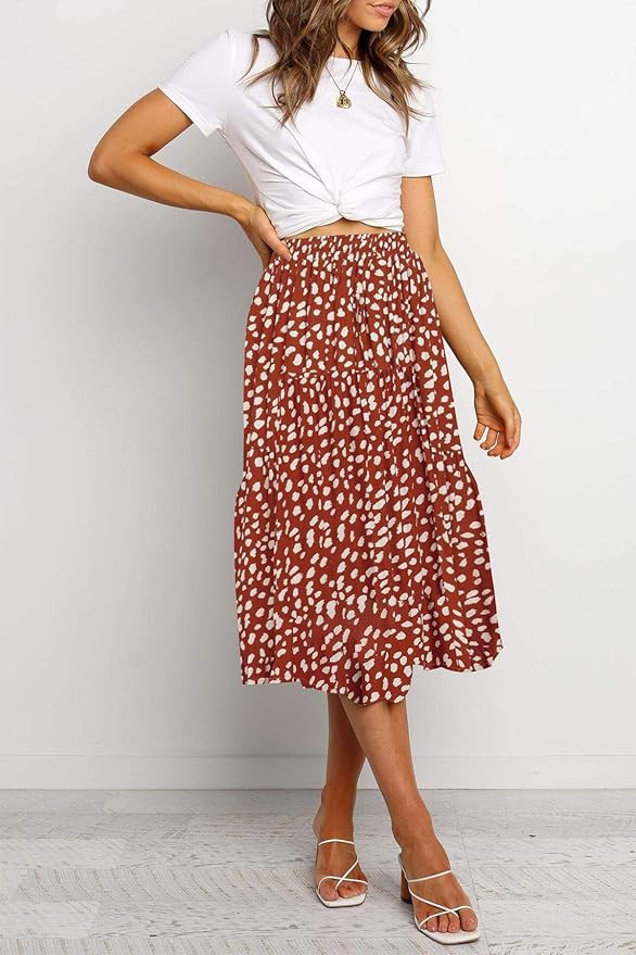 Amazon.com: MEROKEETY Women's Boho Leopard Print Skirt Pleated A-Line Swing Midi Skirts Red Mediu... | Amazon (US)