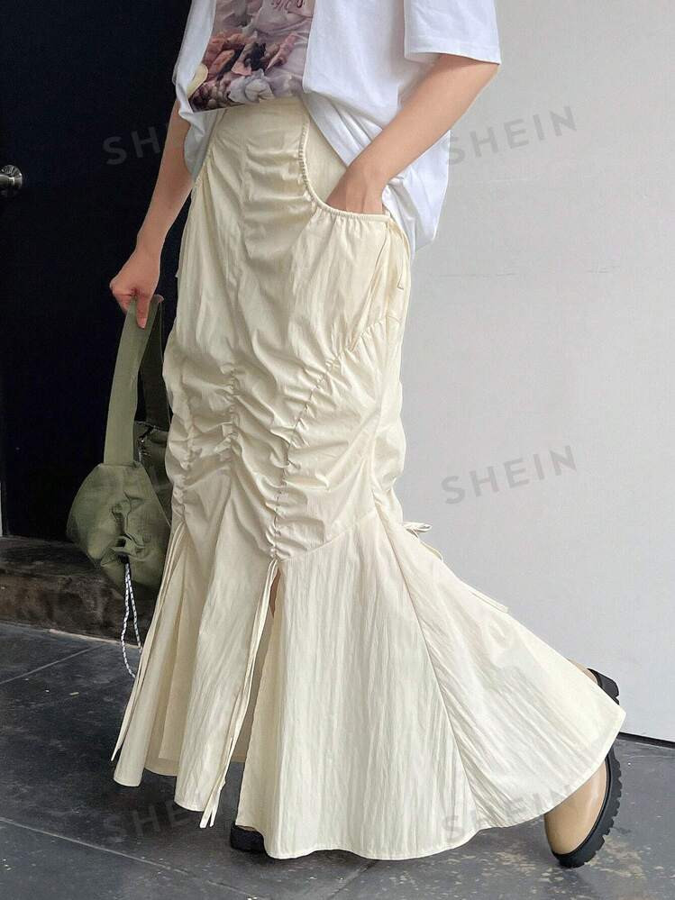 FRIFUL Solid Drawstring Ruched Mermaid Hem Skirt | SHEIN