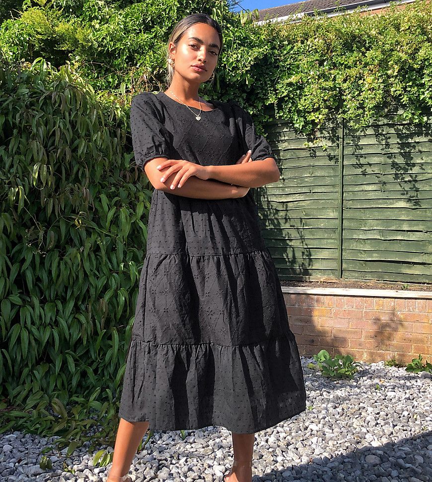 New Look Petite broderie tiered midaxi dress in black | ASOS (Global)