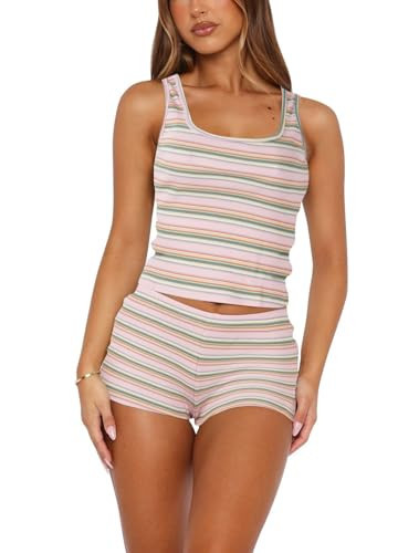 Amazon.com: Shorts Set Women 2 Piece Outfits - Stripe Casual Y2K Two Pc Sleeveless Tank Crop Tops... | Amazon (US)