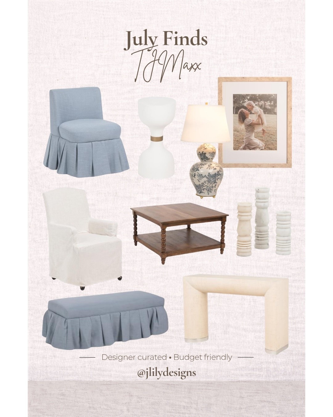 I can’t believe the finds at tjmaxx right now. Look at those box pleats and that storage bench! I love the marble candle holders, burl wood frame, 2-tier coffee table, chinoiserie lamp, and marble/gold accent table. 

#tjmaxxhome #tjmaxx #designerhomefinds #coastalhomedecor

#LTKHome