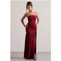 Confidence | Burgundy Satin Bandeau Pleated Split Maxi Dress | Club L London