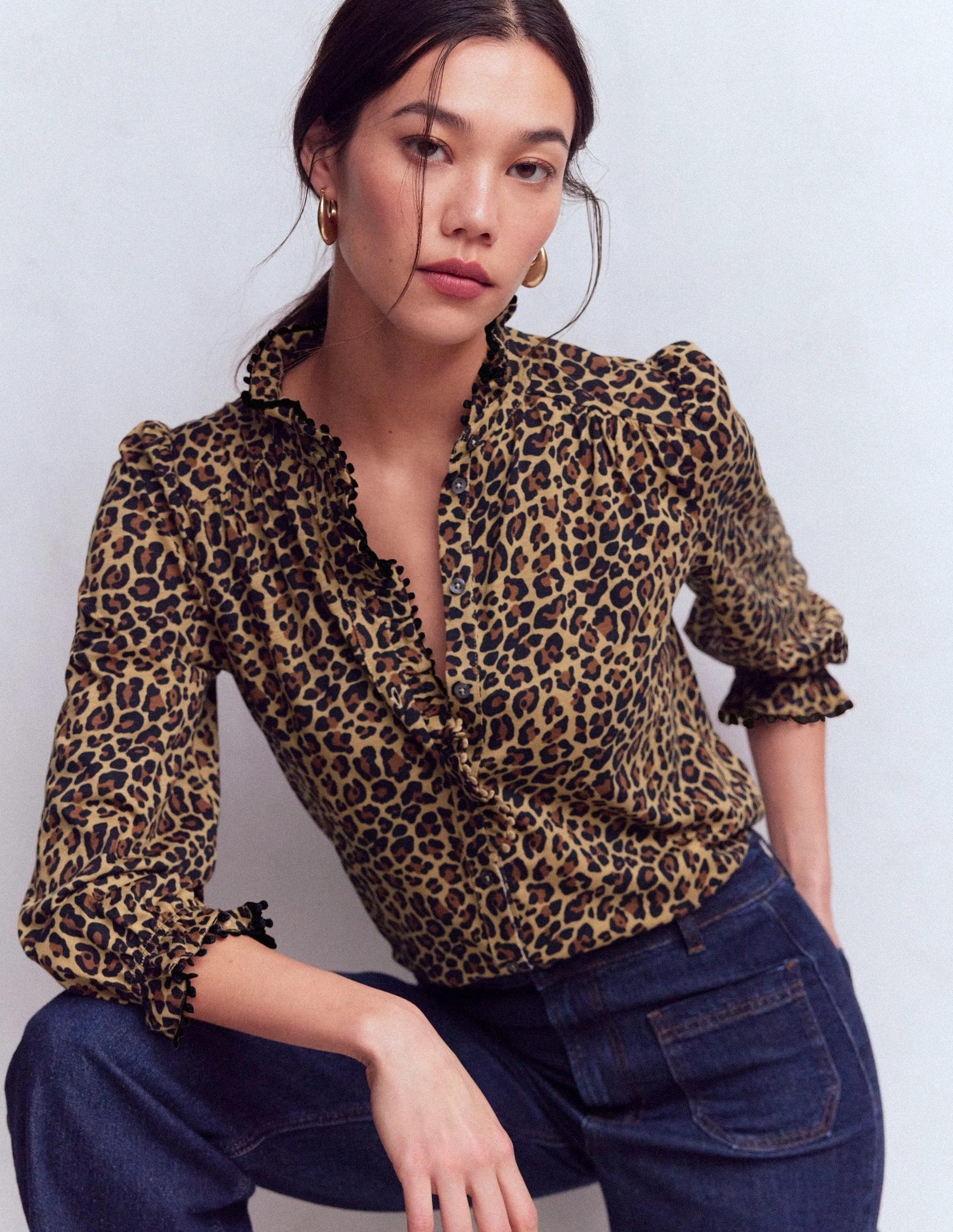 Emily Pom Trim Ruffle Shirt-Cheetah Spot | Boden (US)