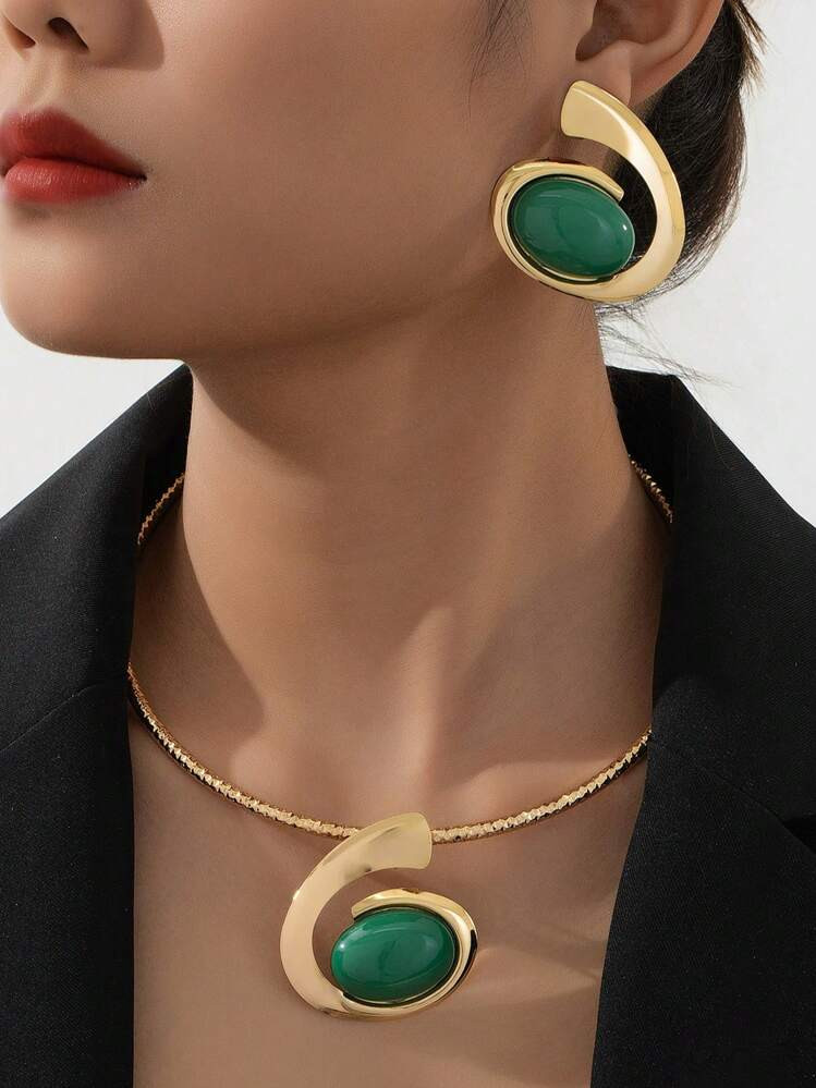 1 Set de exagerados pendientes y collar con joyería de incrustaciones de rhinestone geométricas... | SHEIN