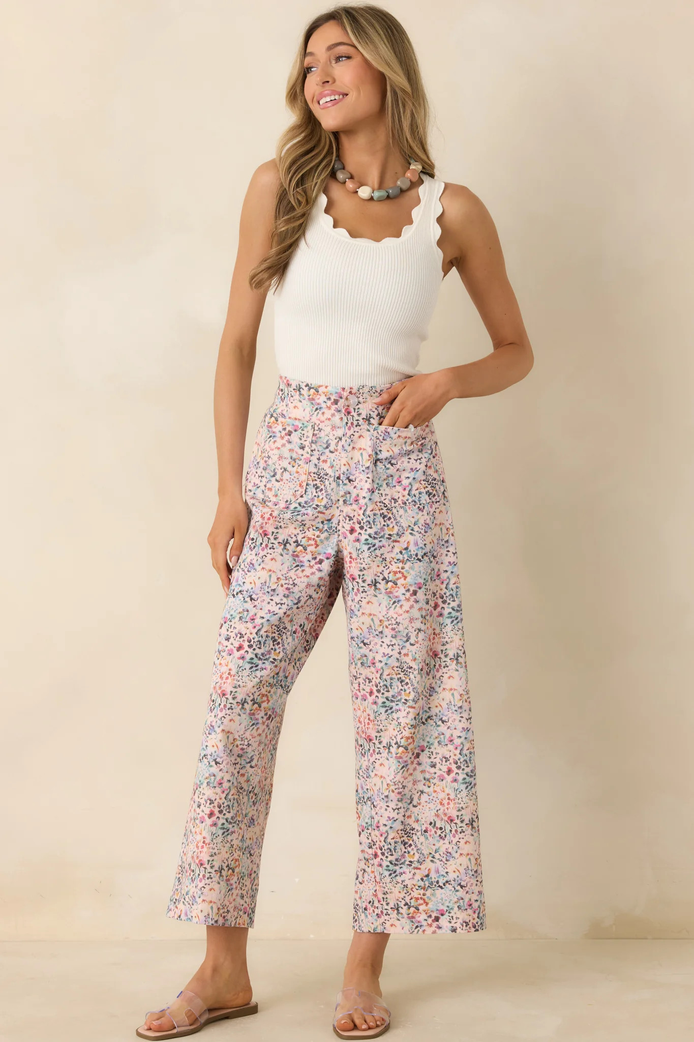 Art in Motion Pink Multi Floral Cotton Wide Leg Pants | Red Dress