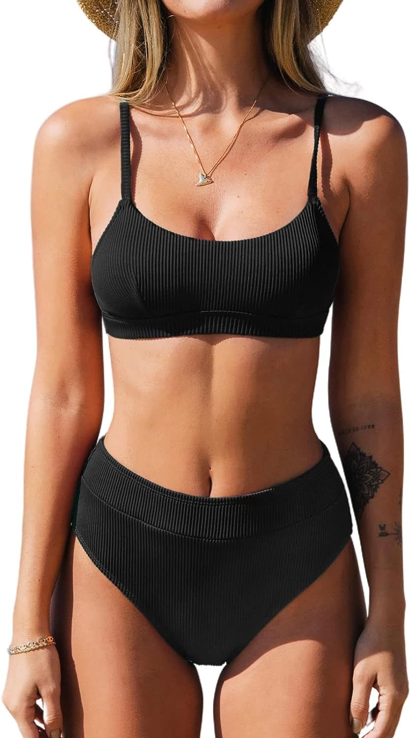 CUPSHE Bikini Set for Women Two Piece Swimsuits High Waisted Adjustable Spaghetti Straps Back Hoo... | Amazon (US)