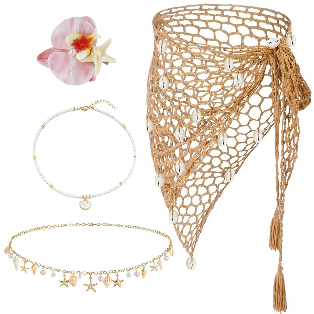 4 Set Mermaid Costume Swimwear Hand Crochet Skirt Cover up with Seashell Starfish Waist Chains Ne... | Amazon (US)