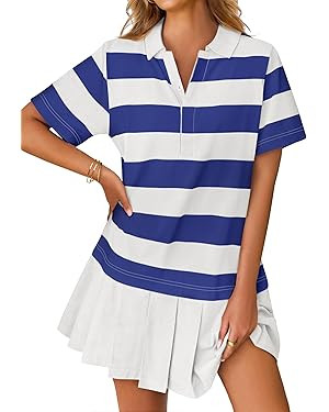ZESICA 2025 Women's Casual Short Sleeve Tunic Shirt Dress Summer Striped V Neck Pleated Y2K Mini ... | Amazon (US)