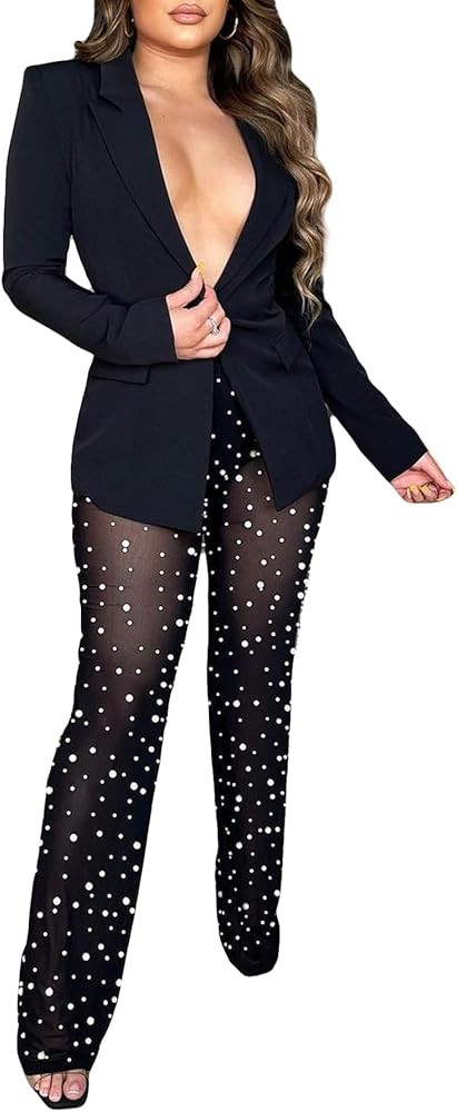 LKOUS Sexy Blazer Suits for Women,Long Sleeve Blazer and Mesh Beading Pants Clubwear Set with Und... | Amazon (US)