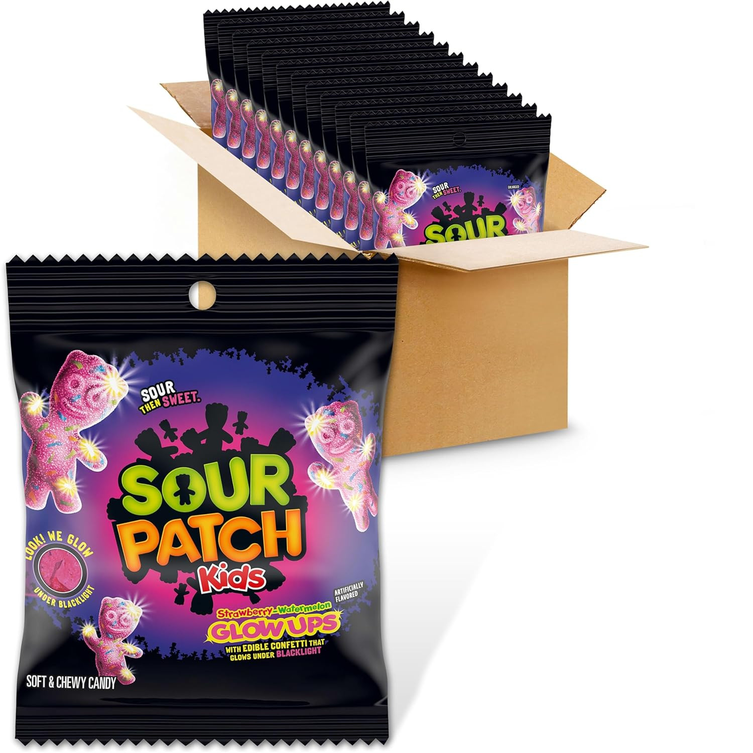 SOUR PATCH KIDS Glow Ups Strawberry-Watermelon Soft & Chewy Candy, 12-3.08 oz Bags | Amazon (US)