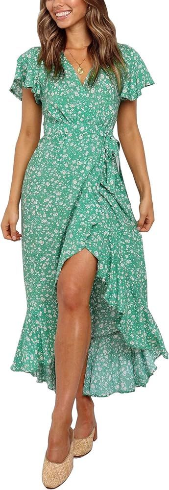 ZESICA Women's Summer Bohemian Floral Printed Wrap V Neck Beach Party Flowy Ruffle Midi Dress | Amazon (US)