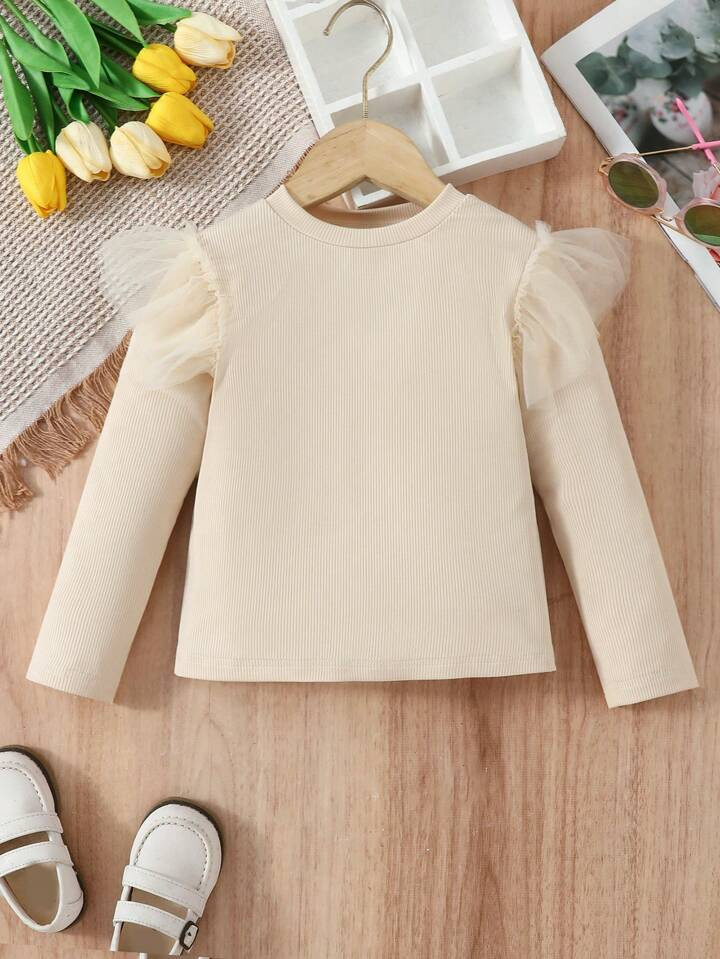 SHEIN Girls' Apricot Long Sleeve Mesh Patchwork T-Shirt | SHEIN