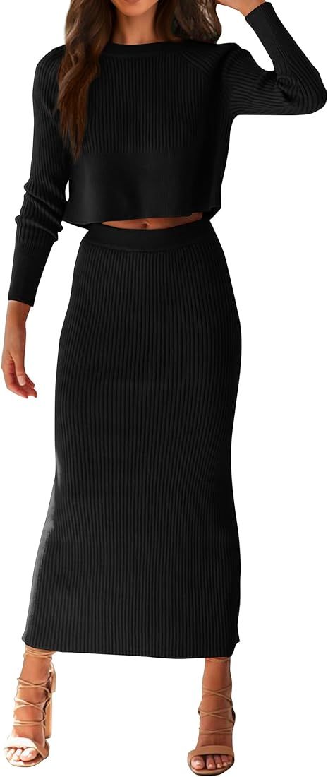 PRETTYGARDEN Women's Fall 2 Piece Sweater Set Rib Knit Long Sleeve Crop Top Maxi Bodycon Skirt Casua | Amazon (US)