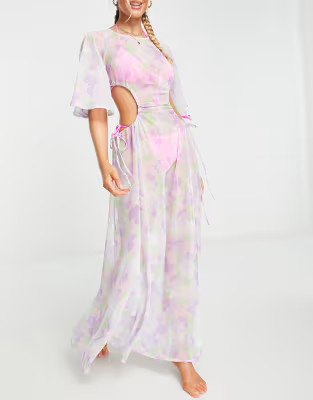 ASOS DESIGN angel sleeve sheer beach maxi dress in floral print | ASOS (Global)