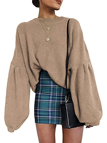 PRETTYGARDEN Women's Oversize Sweaters Loose Drop Shoulder Lantern Sleeve Round Neck Fashion Pullover Sweater Tops (Khaki, Small) | Amazon (US)