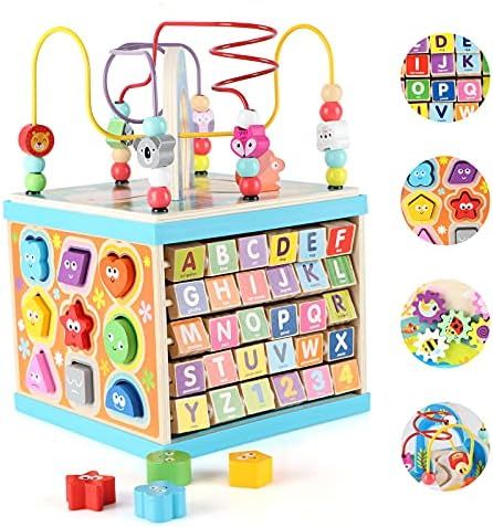 Qilay Wooden Baby Activity Cube for 1 2 3 Year Old Kids, 5 in 1 Multipurpose ABC-123 Abacus Bead ... | Amazon (US)