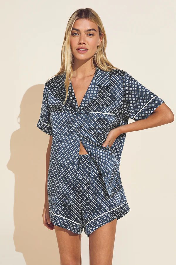 Inez Washable Silk Printed Short PJ Set - Petite Batik Indigo Blue/Bone | Eberjey