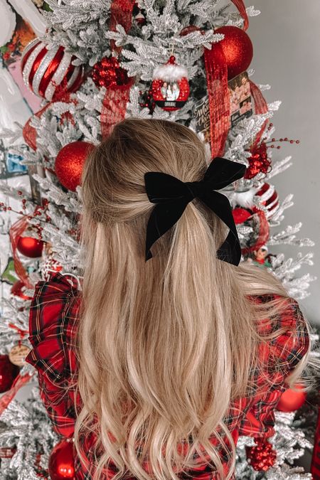Christmas hair styles 
Black velvet bow 
Plaid Christmas shirt 

#LTKSeasonal #LTKstyletip #LTKHoliday