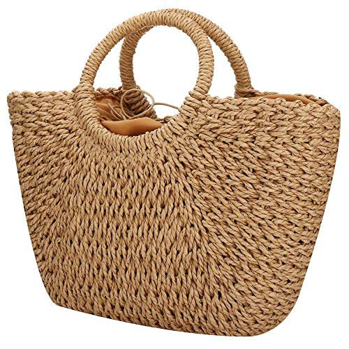 Women Summer Beach Bag, Straw Handbag Top Handle Big Capacity Travel Tote Purse Hand Woven Straw Large Hobo Bag (Brown) | Amazon (US)
