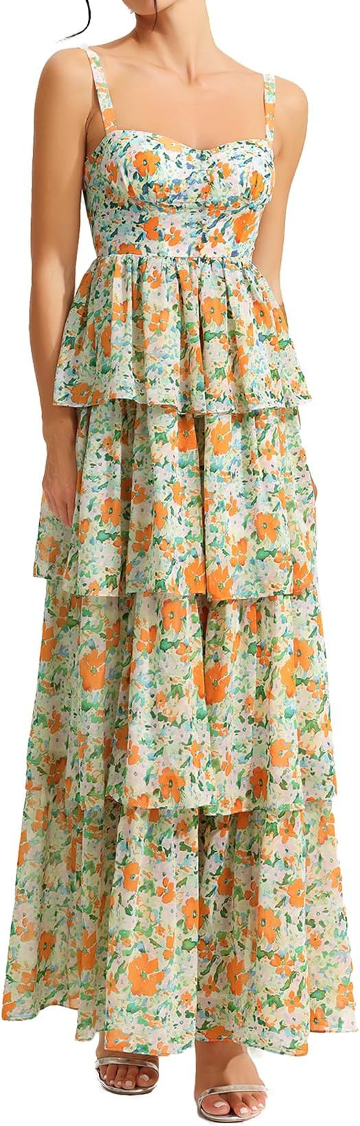 Tiered Floral Dress for Women Birthday Dress Maxi Ruffle Slip Dress Chiffon Dress | Amazon (US)