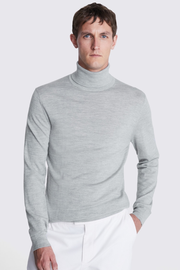 Light Grey Merino Roll-Neck Jumper | Moss Bros Retail