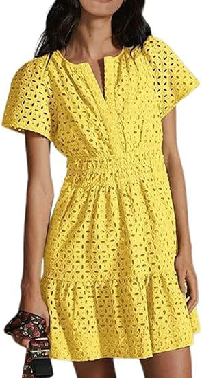 utcoco Lace Eyelet Mini Dress for Women 2025 Casual V Neck Short Sleeve Smocked Waist Tiered Boho... | Amazon (US)