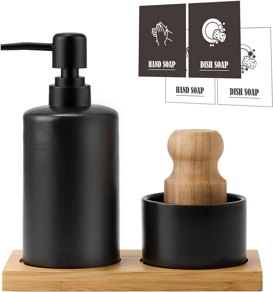 GIRLUFO Black Kitchen Soap Dispenser Set,4Pcs Dish Soap Dispenser Kitchen with Bamboo Tray and Na... | Amazon (US)