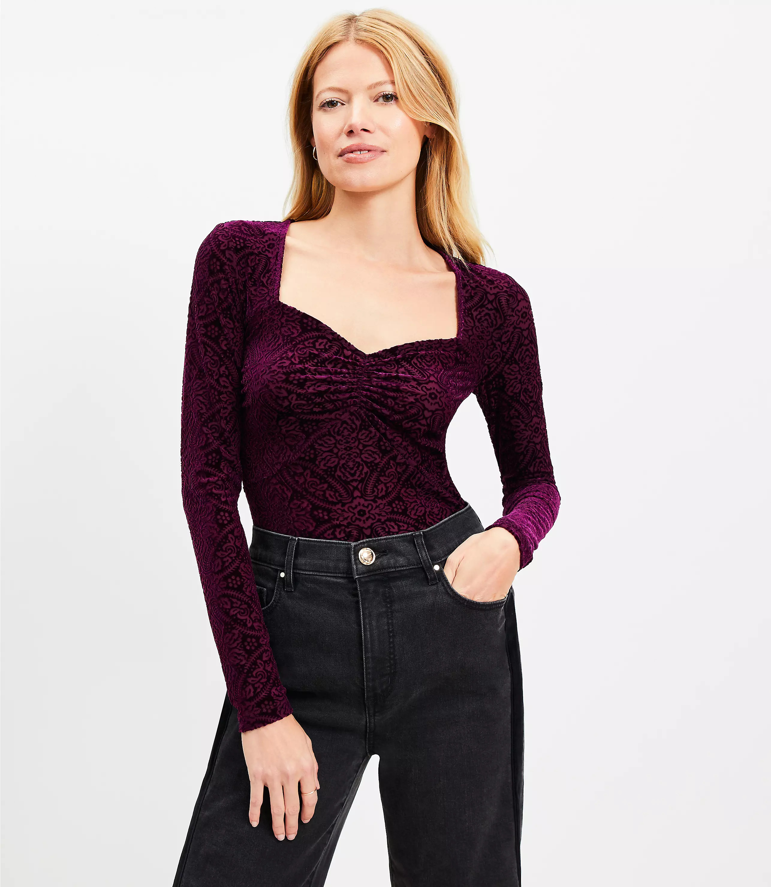 Mosaic Shirred Velour Sweetheart Top | LOFT