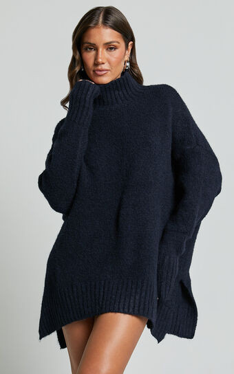 Luella Jumper - Oversized Turtle Neck Jumper in Navy | Showpo (US, UK & Europe)