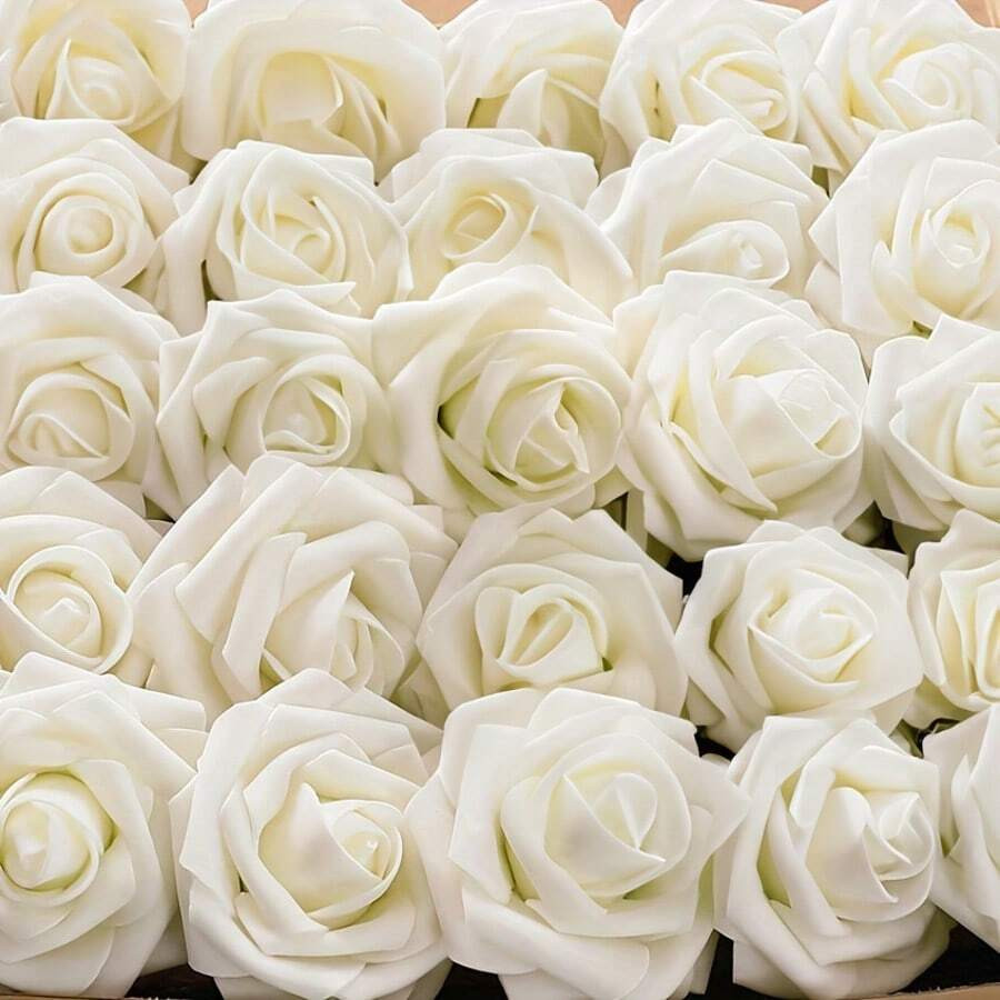 50/100pcs Artificial Flowers Real Looking White Foam Fake Roses With Stems For DIY Wedding Bouque... | SHEIN