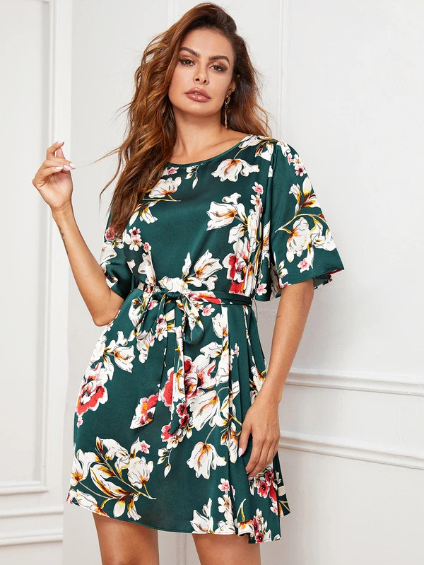SHEIN Flutter Sleeve Floral Print Belted Satin Dress | SHEIN