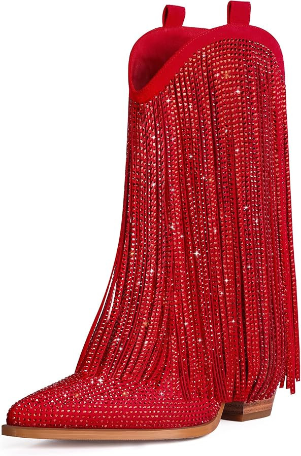 Ouepiano Cowboy Boots for Women - Cowgirl Rhinestone Boots with Sparkly Fringe Pointed Toe Wester... | Amazon (US)