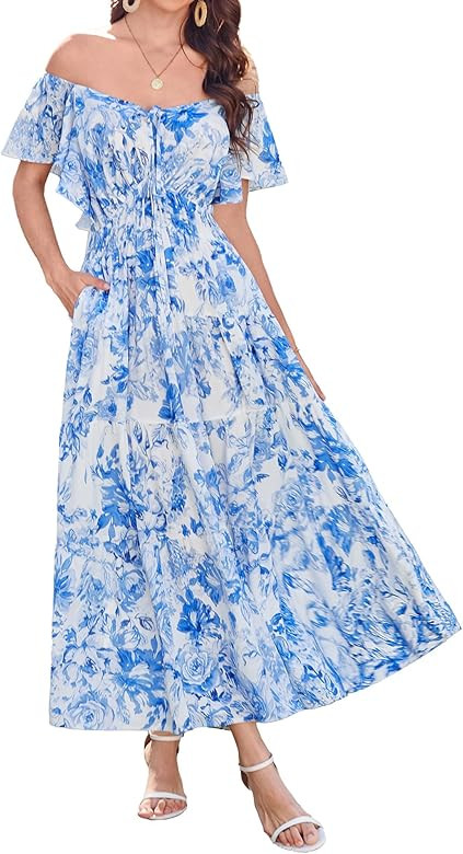 GRACE KARIN Womens Elegant Floral Summer V-Neck Ruffle Sleeve Empire Waist A-Line Casual Maxi Tie... | Amazon (US)