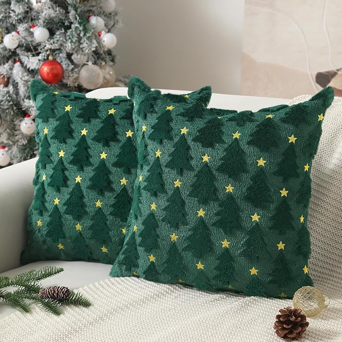 Christmas Pillow Covers 18 x 18 inch Set of 2 Dark Green Christmas Tree Pillow Covers Decorations... | Amazon (US)