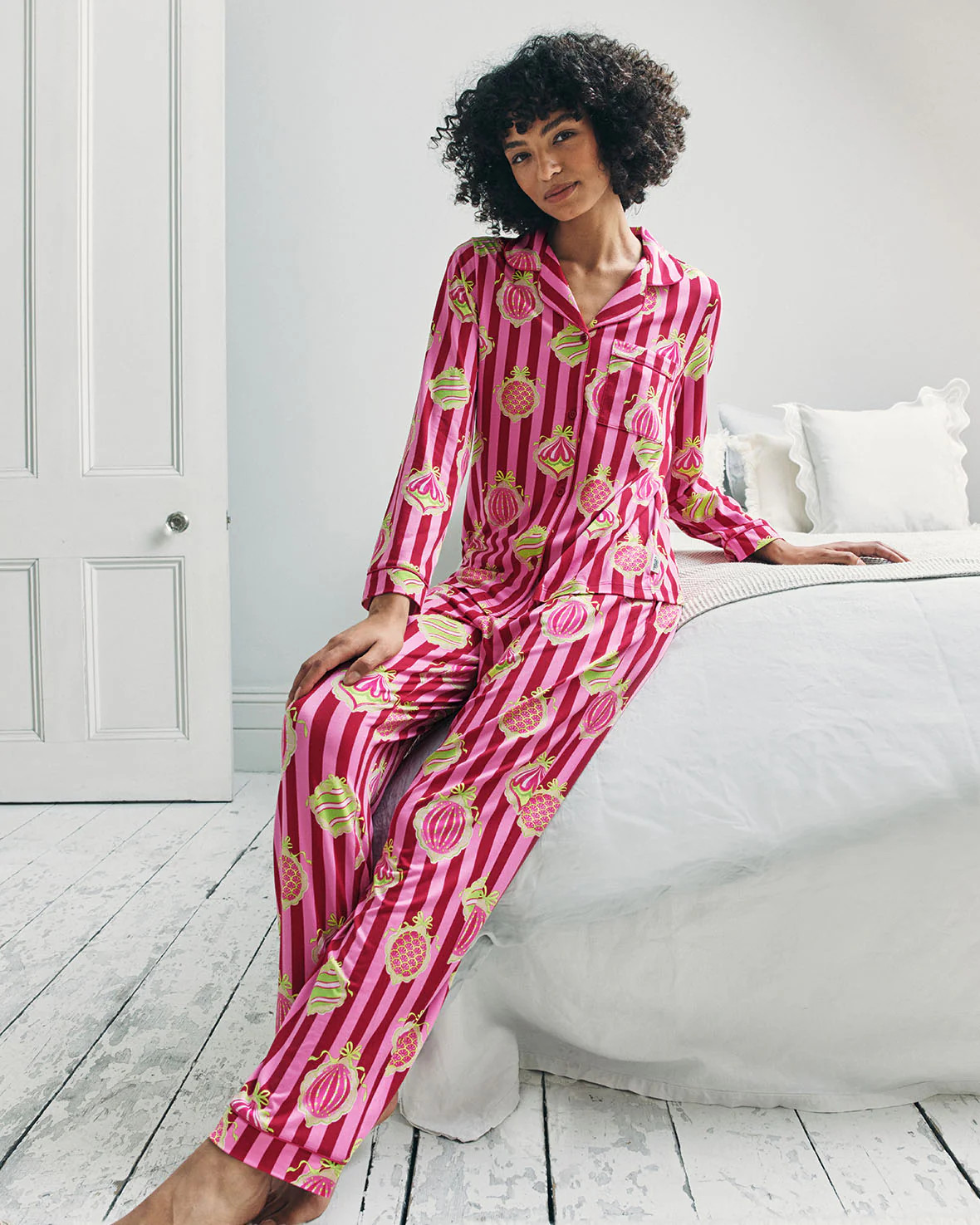Christmas Baubles Stripe Print Long Pyjama Set | Chelsea Peers NYC