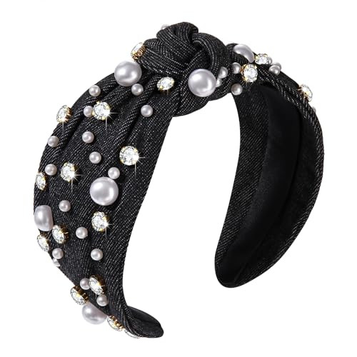 GLBCC Pearl Knotted Headband for Women White Pearl Rhinestone Jeweled Hairband Fashion Ladies Wide Bride Boho Party Hair Accessories (denim black knot hairband) | Amazon (US)