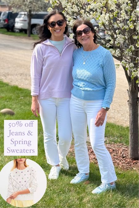 50% off my favorite pair of high-rise white jeans (cropped flare style) - My mom and I both love them! My mom’s blue pointelle sweater is also 50% off today (code: CYBER), making it only $25! Such a pretty color for spring. I also love the floral sweater on sale!

Sizing:
White denim fits TTS, if between sizes you could size down. I’m wearing a 26.
Purple pullover runs a little big, I sized down to an XS.
Blue sweater fits TTS. 

Classic style, sale alert, Loft clothing, spring fashion, affordable style, spring outfit, casual style 

#LTKSeasonal #LTKfindsunder50 #LTKsalealert
