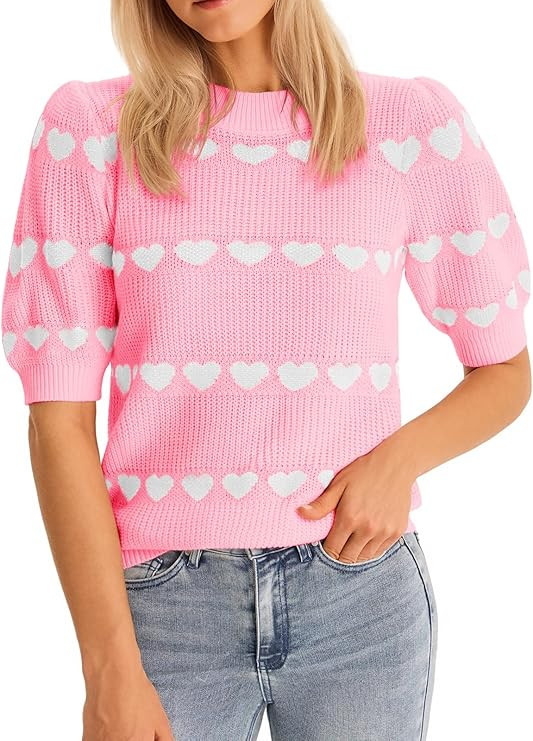 Saodimallsu Womens Heart Striped Sweaters Valentines Puff Short Sleeve Sweaters Cute Lightweight ... | Amazon (US)