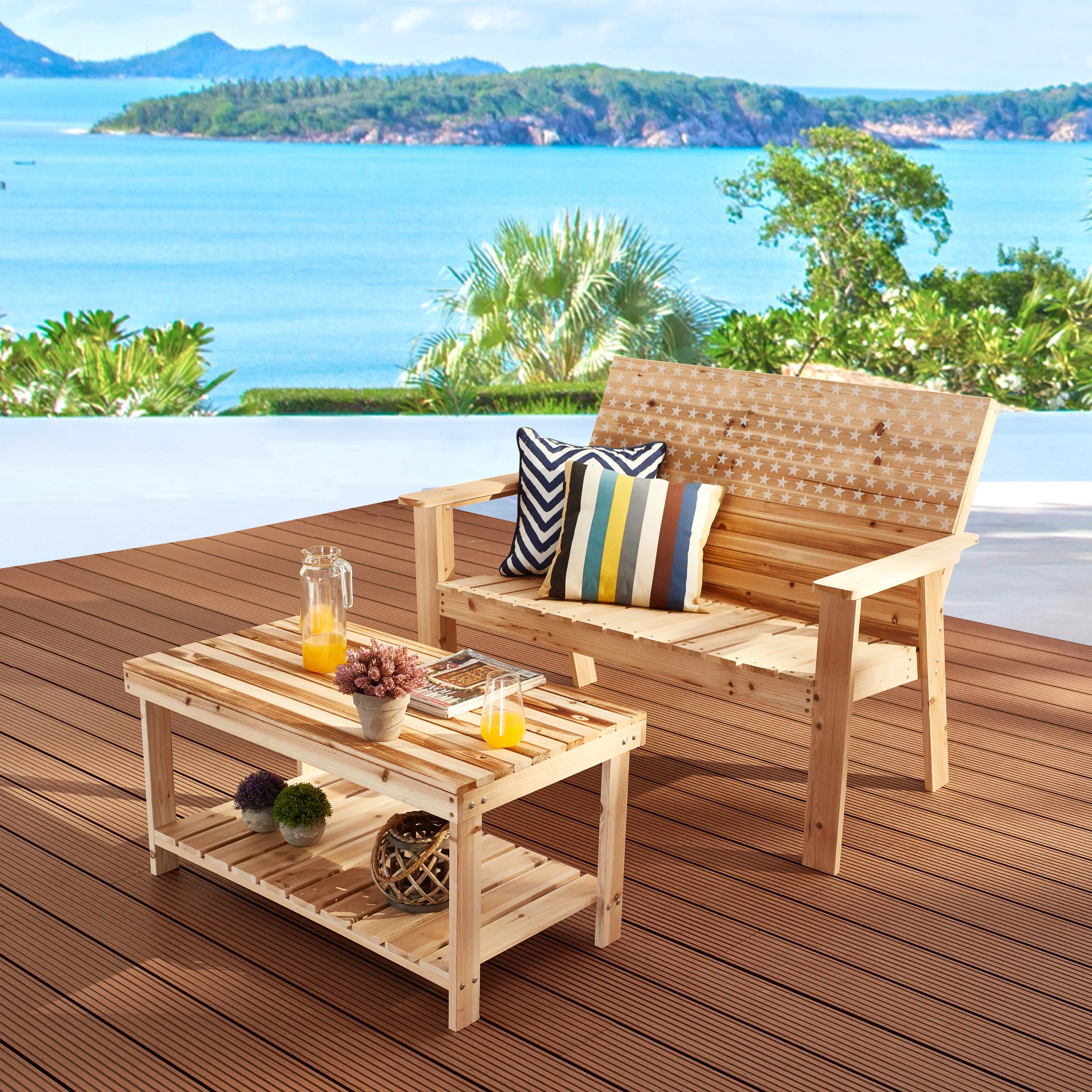 2-Piece Wood Patio Conversation Set With Bench And Slatted Coffee Table | Wayfair North America