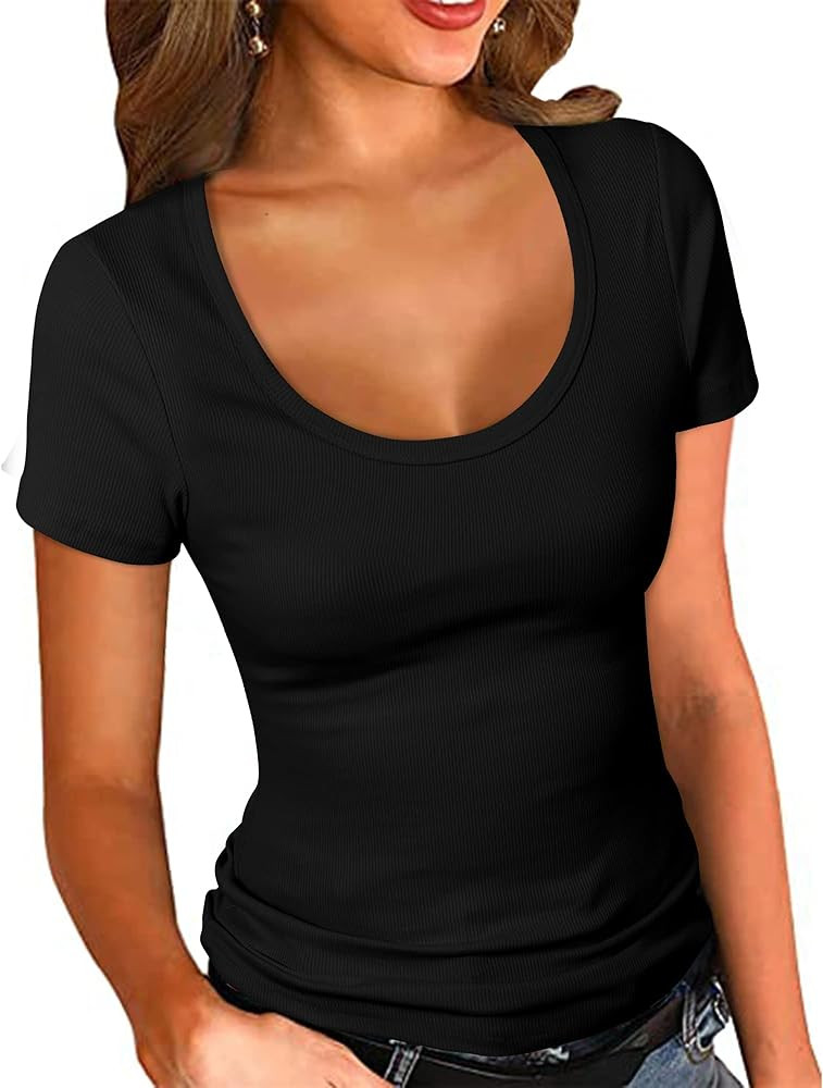 PALINDA Women's Scoop Neck Ribbed Fitted Shirt Basic Short Sleeves Summer T Shirt Tops | Amazon (US)