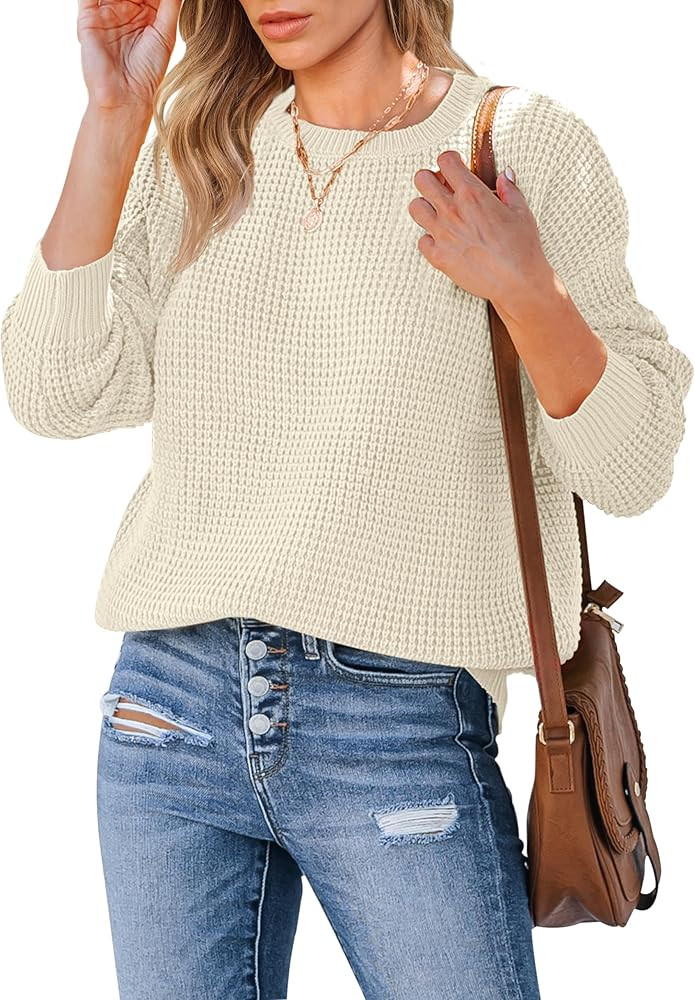 MEROKEETY Women's 2024 Long Sleeve Waffle Knit Sweater Crew Neck Solid Color Pullover Jumper Tops | Amazon (US)