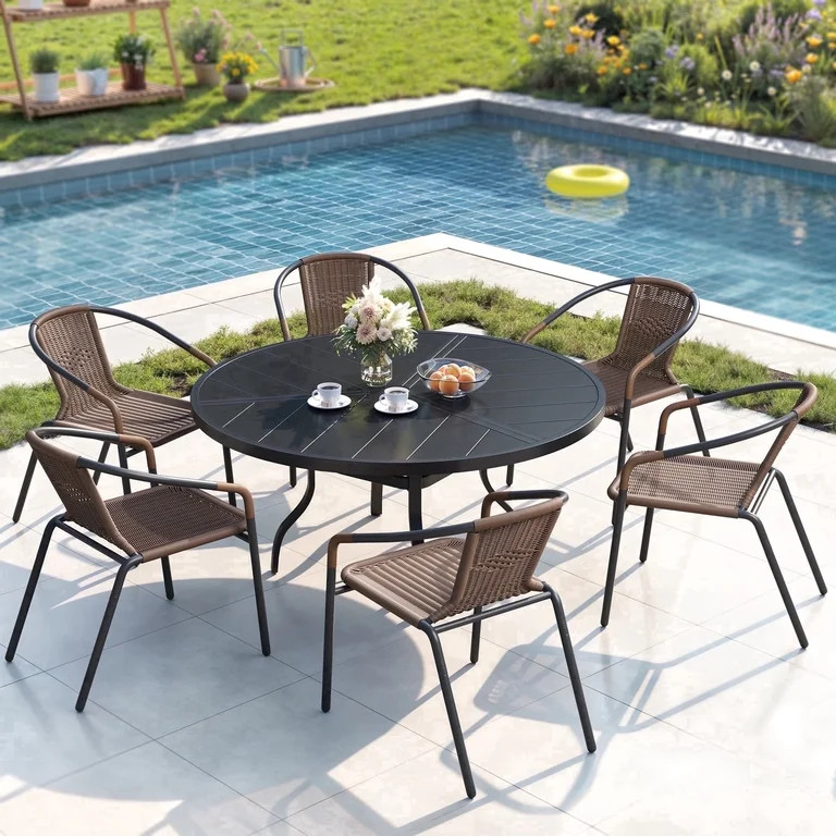 ELPOSUN 7-Piece Outdoor Patio Dining Set, Patio Dining Chairs & 51.1\u201d Large Round Dining Tab... | Walmart (US)