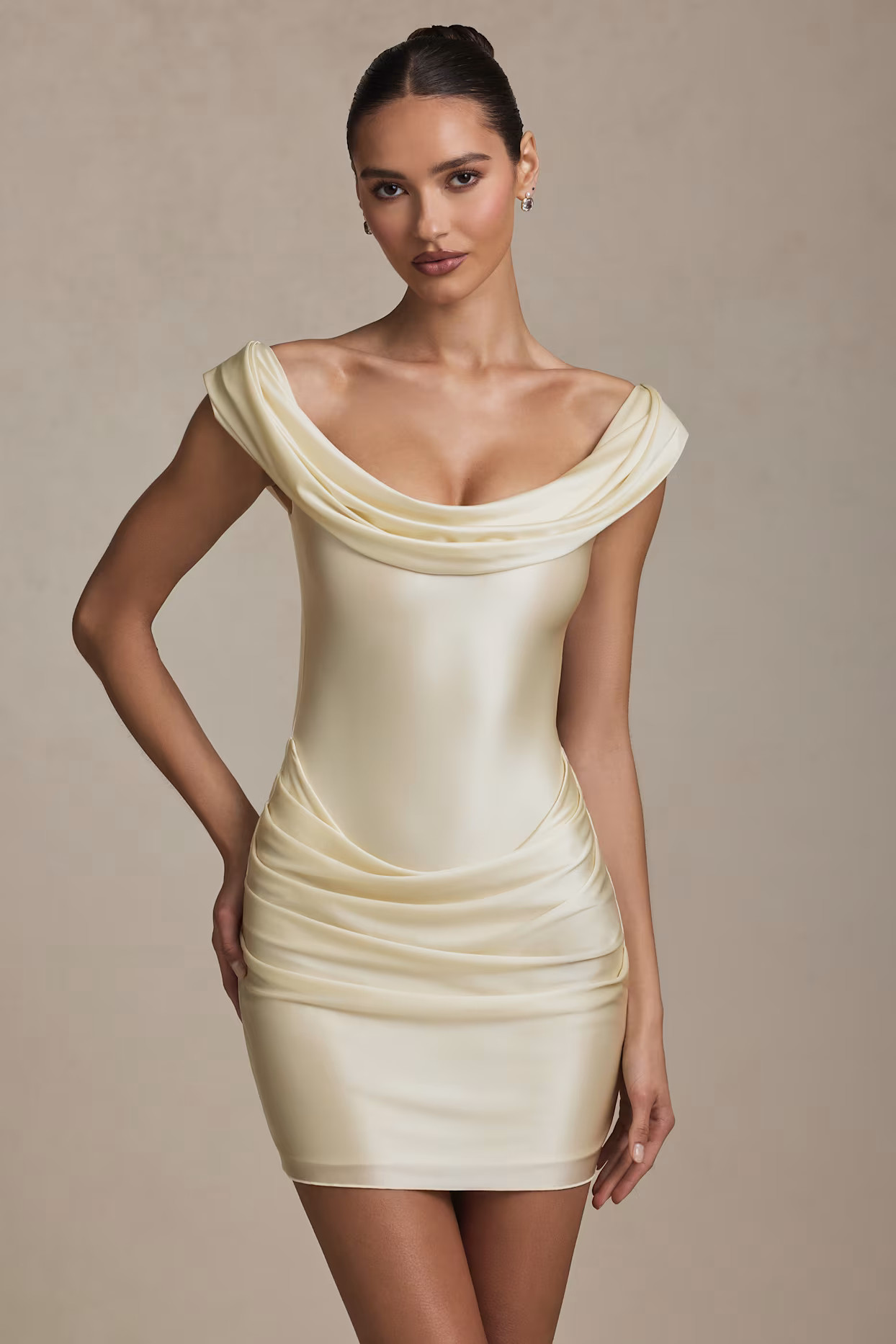 Off-Shoulder Draped Mini Dress in Ivory | Oh Polly