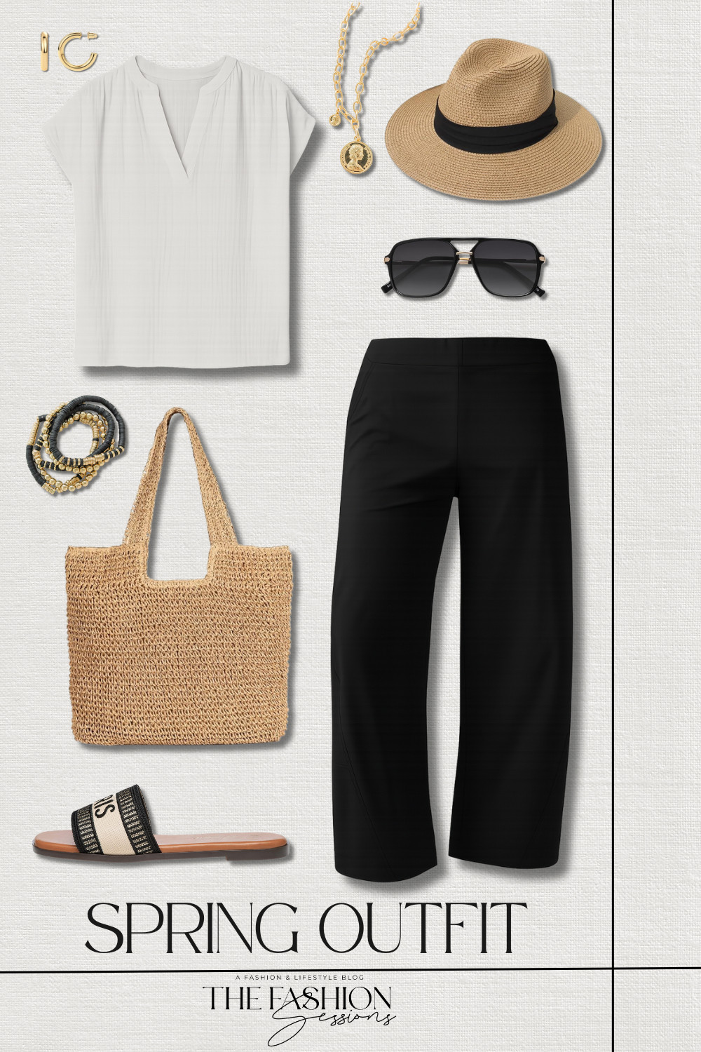 Spring outfit inspo featuring a budget-friendly version of the cult-favorite joggers!
elastic waist tapered leg barrel pants | short-sleeve crinkly gauze popover top |  summer fashion slides | woven tote bag | wide brim straw hat | black beaded bracelet set | gold medallion necklace | gold hoops | oversized aviator sunglasses | spring outfit | summer outfit | vacation outfit | casual outfit 

 #LTKSpringSale #LTKootd #LTKSeasonal