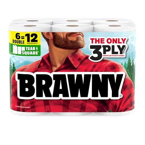 Brawny Tear-A-Square 3-Ply Paper Towels, 6 Double Rolls = 12 Regular Rolls, Strong, Absorbent, and Durable with 3 Sheet Sizes (Quarter, Half, Full) | Amazon (US)