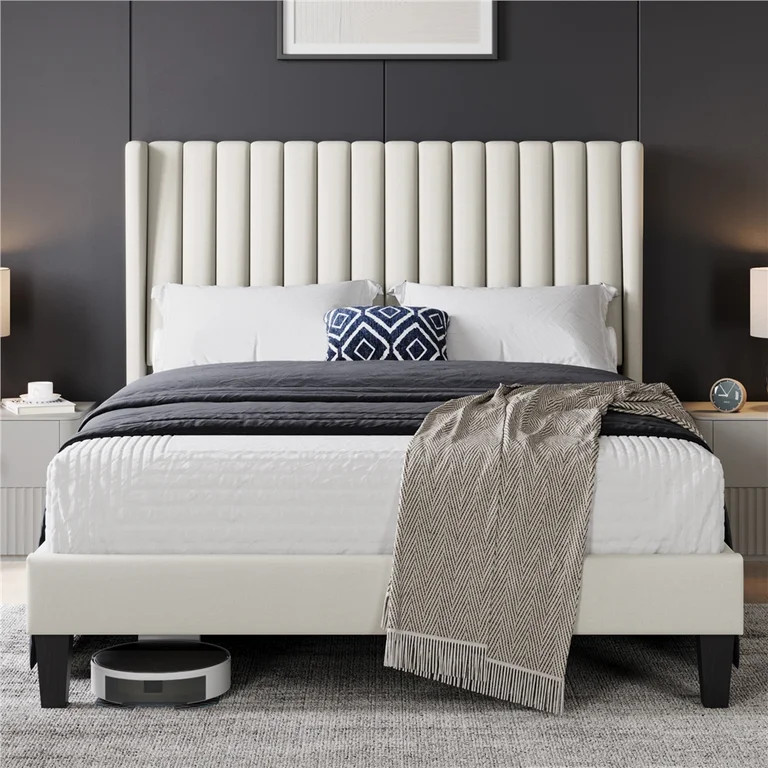 Topeakmart Full Upholstered Bed Frame Wing-Designed Headboard, Beige | Walmart (US)